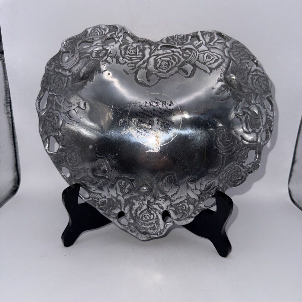 Peltrina Pewter Rose Heart Shaped Dish Made In Argentina Hand Made - Picture 3 of 8